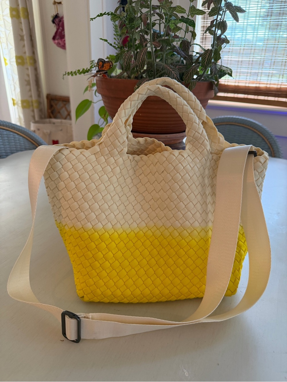 Naghedi Small St Barths Two-Tone Cream and Yellow Woven Crossbody Bag